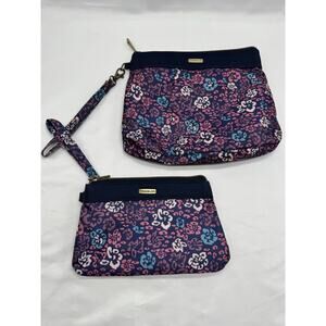 Set Of 2 Travelon RFID Purple Floral Zip Clutch Wristlets Makeup Bag Card Holder